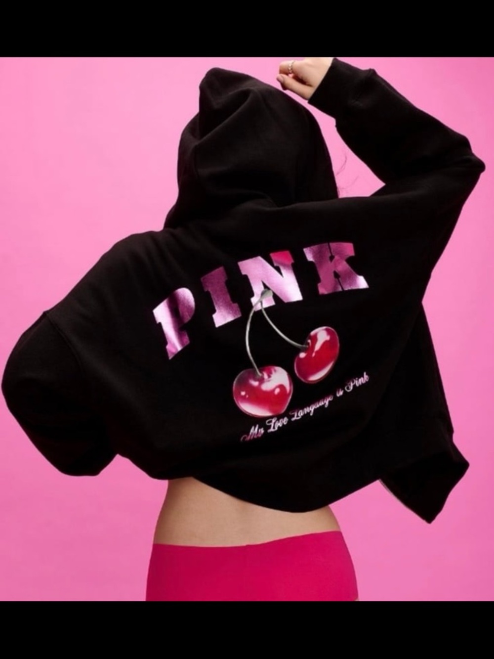 PINK Black Hoodie with Pink Lettering & Red Cherry Print Hoodie & Joggers NWT M